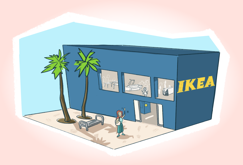an IKEA store, shown in diminutive big box size, with a lady waving outside alongside two palm trees