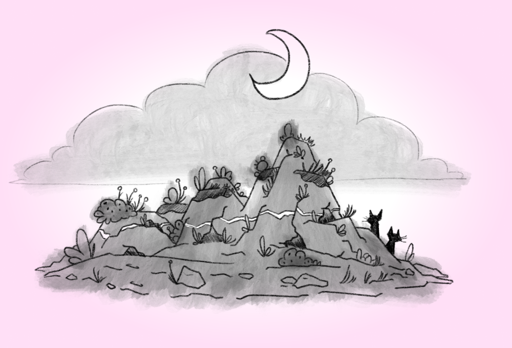 black and white cliffs with shrubs in the moonlit night, with two cats cast in shadow