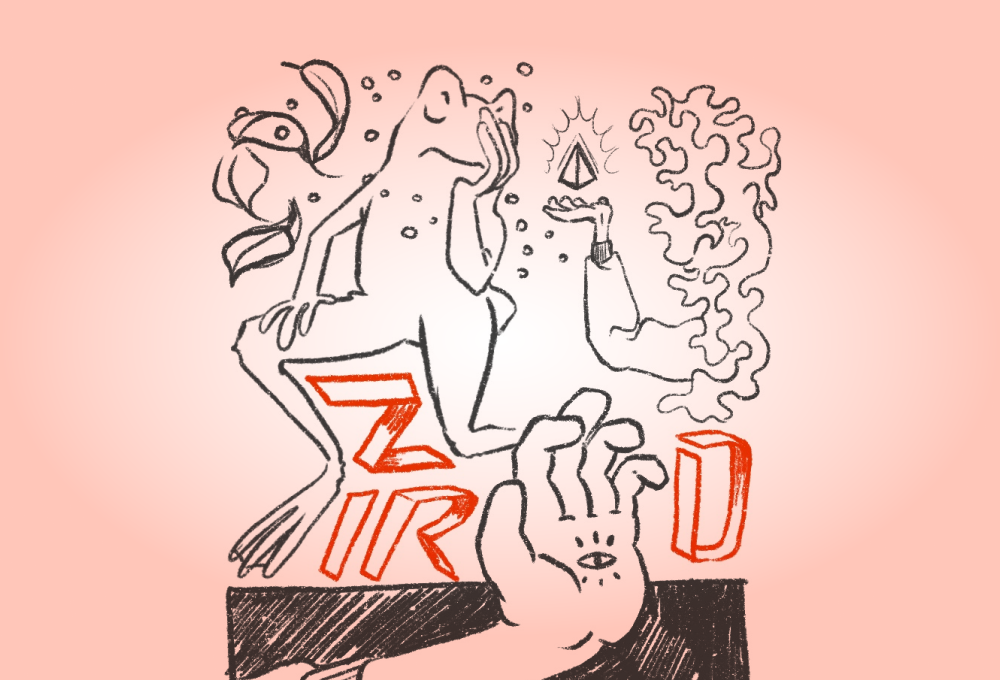 a frog and two hands in confounding proportion