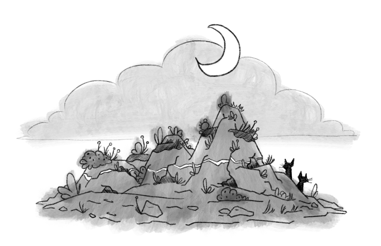 black and white cliffs with shrubs in the moonlit night, with two cats cast in shadow