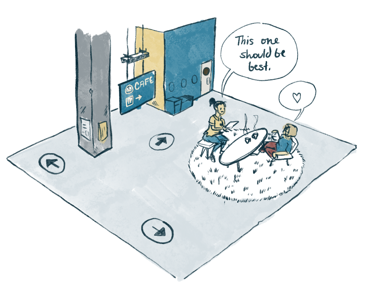 an open area in an IKEA store with two people sitting at some furnature and talking