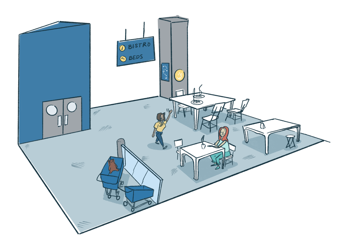 an open area in an IKEA store with a worker approaching a shopping guest at a table