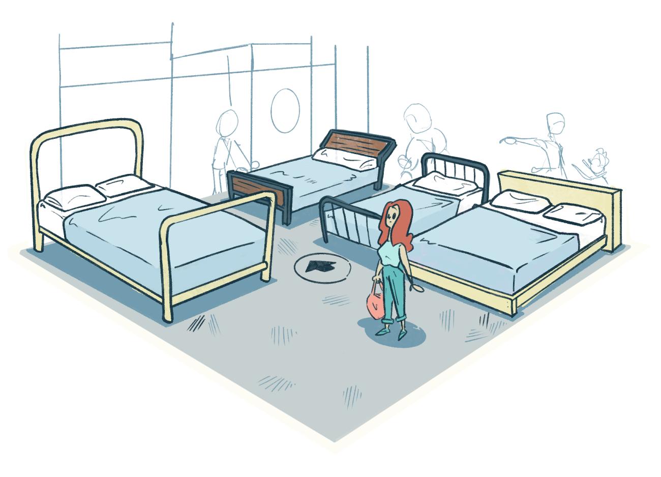 a shopping guest amongst beds in an IKEA showroom