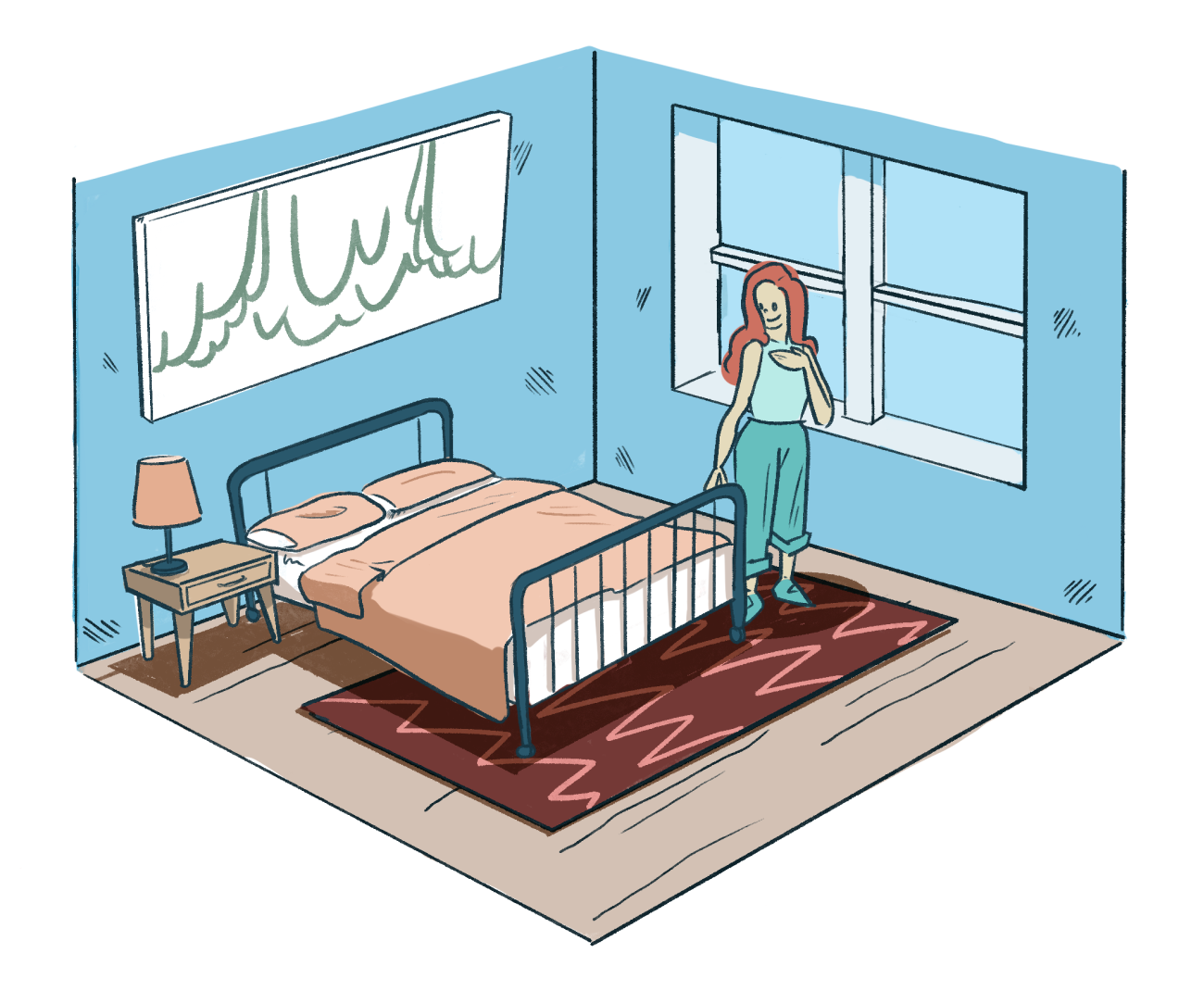 a happy lady in her newly furnished bedroom