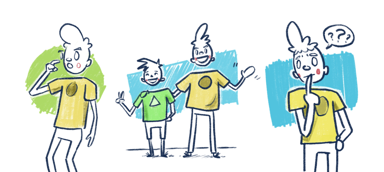 a yellow shirted character in three scenes: looking surprised, standing happily next to a younger companion, and looking confused