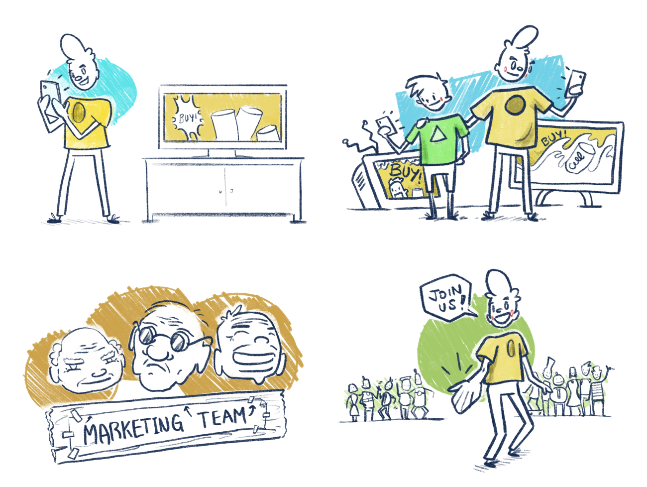 a collection of scenes: someone looking at their phone next to a tv, two characters looking at their phone next to phones demanding they buy, three old men faces next to a board, a person in front of a crowd prompting you to join them